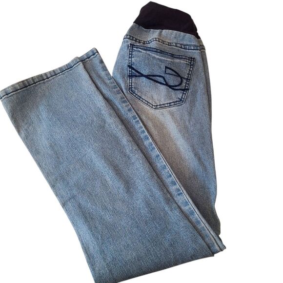 Maternity Jeans Below‎ The Bump Stretch Band Faded Denim Flare Legs Sz M - Picture 1 of 11